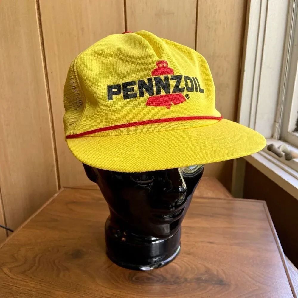 VTG 1980s PENNZOIL Yellow Rope Hat Trucker Cap Snapback Mesh USA Oil Swingster